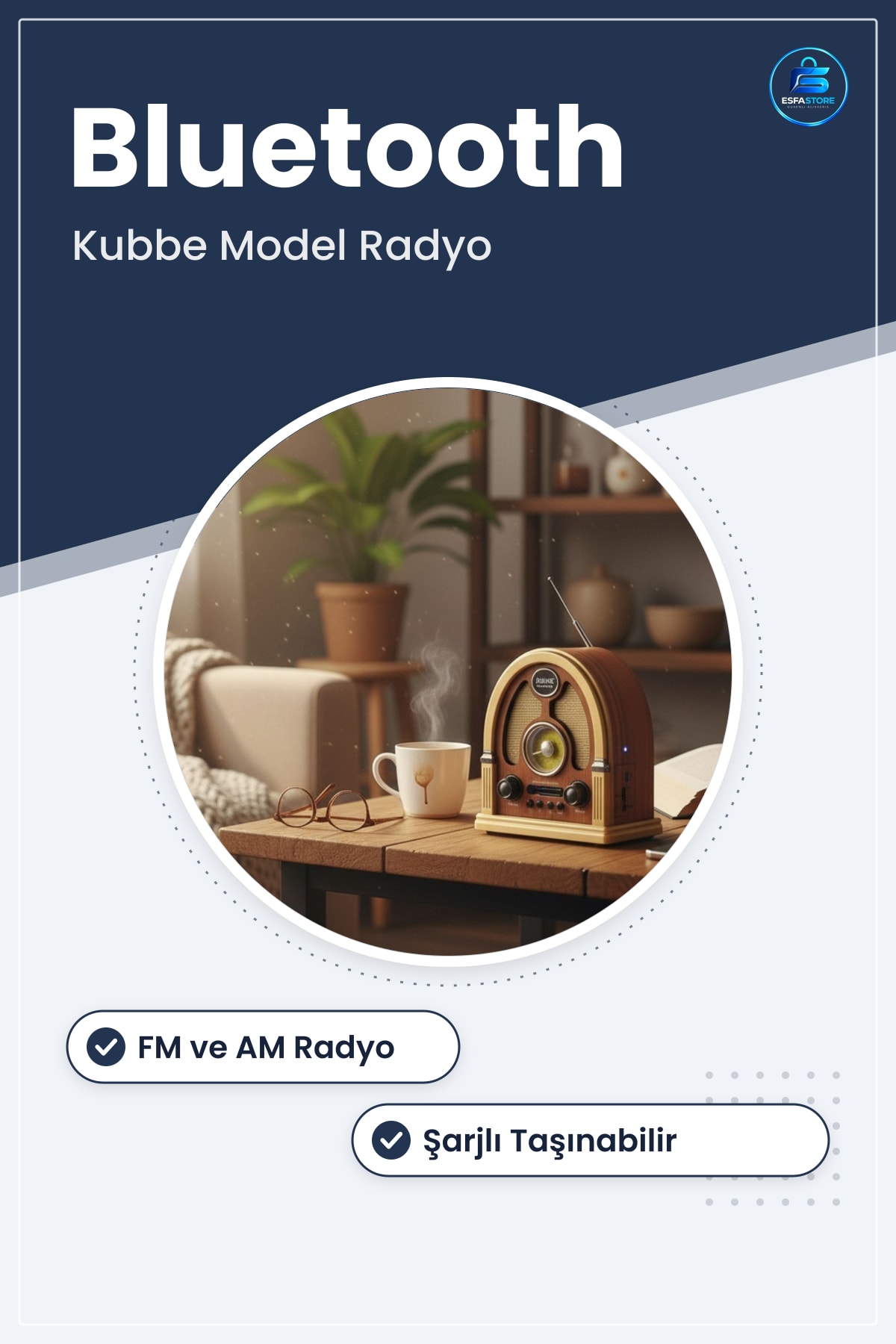 Kubbe Model Retro Ahşap Tasarım Bluetooth Hoparlörlü Şarjlı Taşınabilir FM AM Radyo Hediyelik