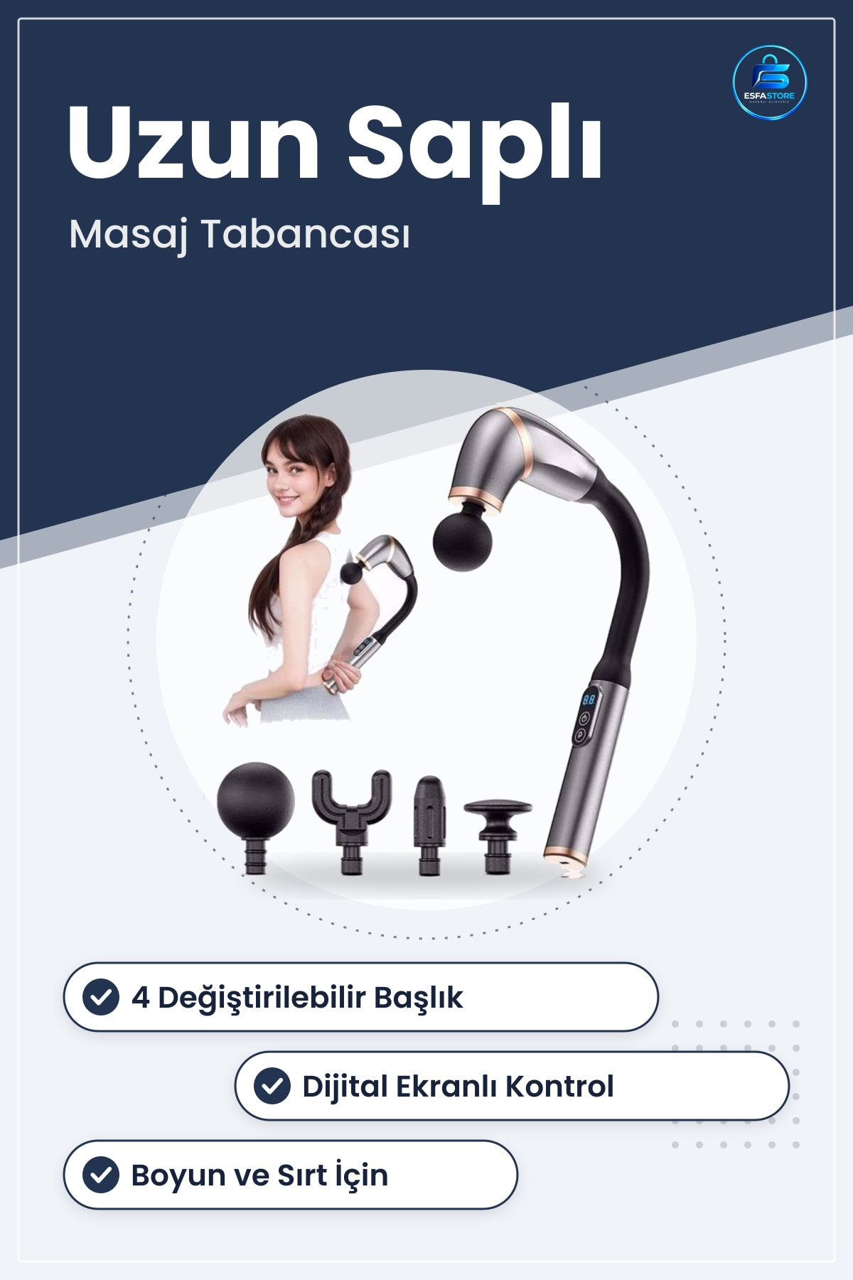 Masaj Tabancası Uzun Saplı Derin Doku Boyun Omuz ve Sırt İçin Ergonomik Şarjlı Taşınabilir Aleti