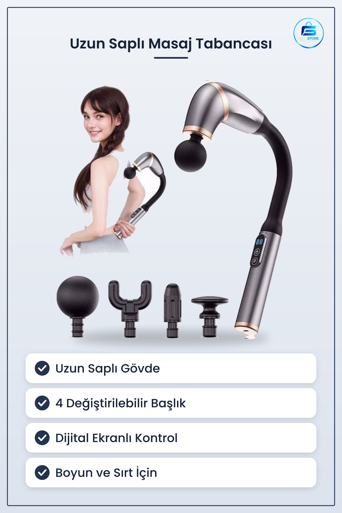 Masaj Tabancası Uzun Saplı Derin Doku Boyun Omuz ve Sırt İçin Ergonomik Şarjlı Taşınabilir Aleti