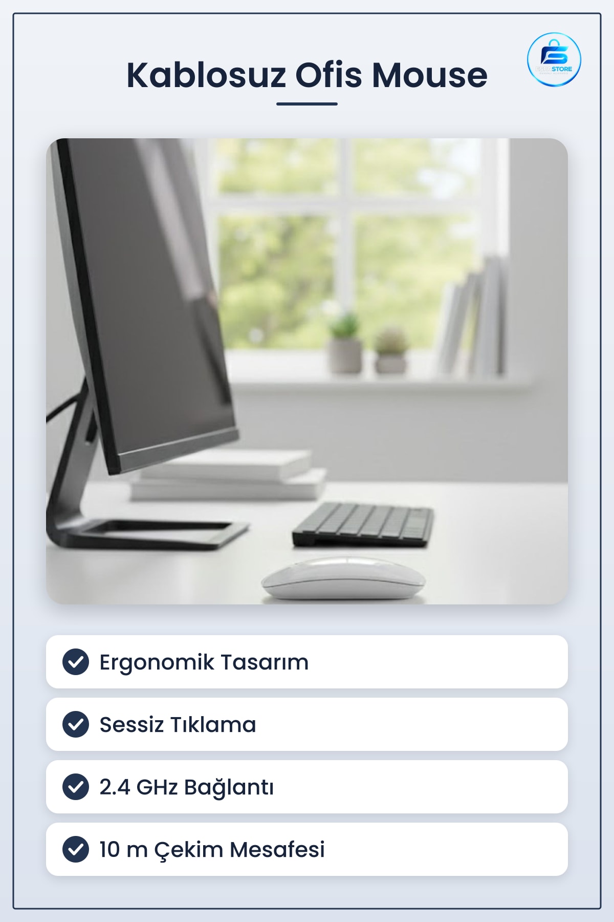 Ergonomik Sessiz Kablosuz Mouse USB Alıcılı Ofis ve Oyun İçin Konforlu Bilgisayar Faresi Pratik