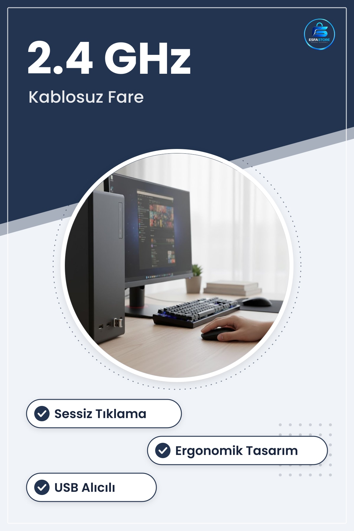 Sessiz Tıklamalı Kablosuz Ergonomik Bilgisayar Faresi USB Alıcılı Ofis ve Oyun İçin Konforlu