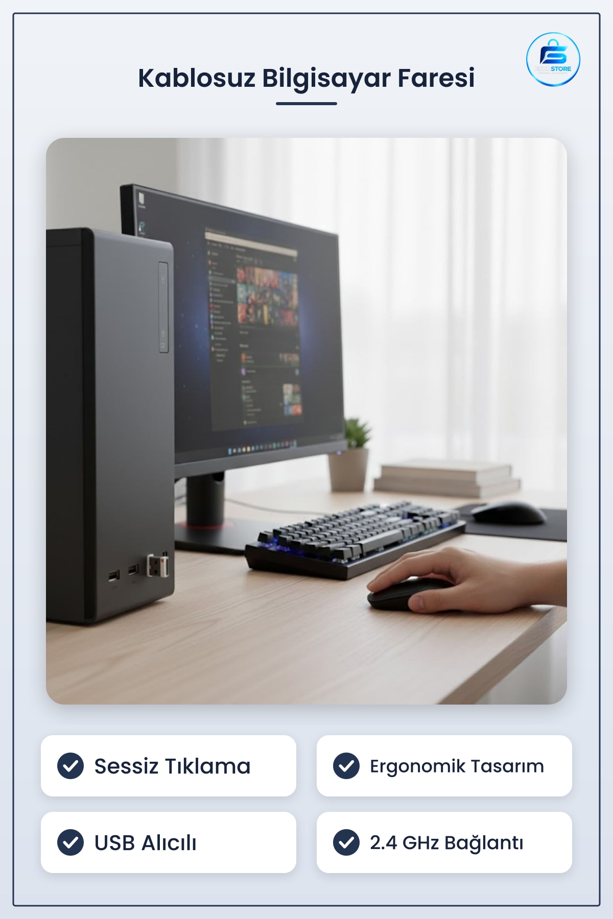 Sessiz Tıklamalı Kablosuz Ergonomik Bilgisayar Faresi USB Alıcılı Ofis ve Oyun İçin Konforlu