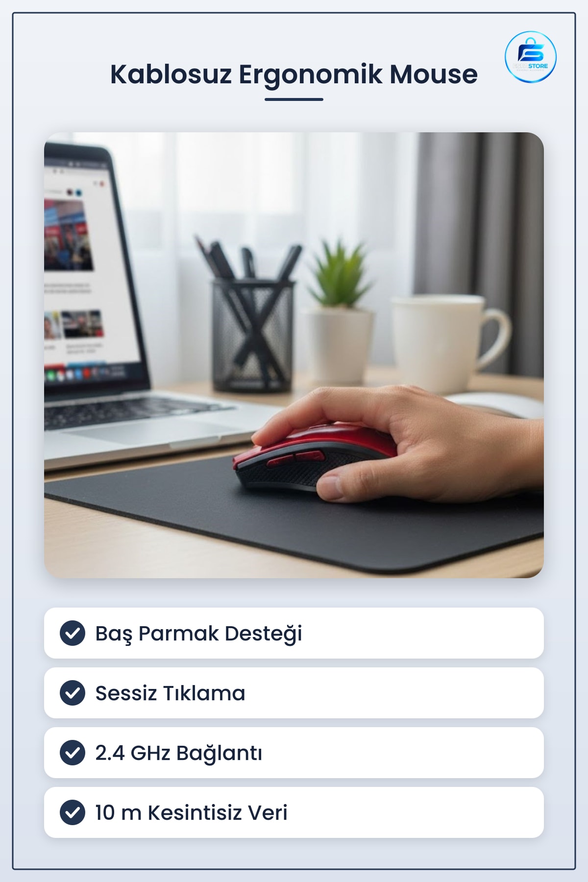 Ergonomik Kablosuz Mouse Baş Parmak Destekli Sessiz Tıklamalı USB Alıcılı Ofis ve Oyun Faresi