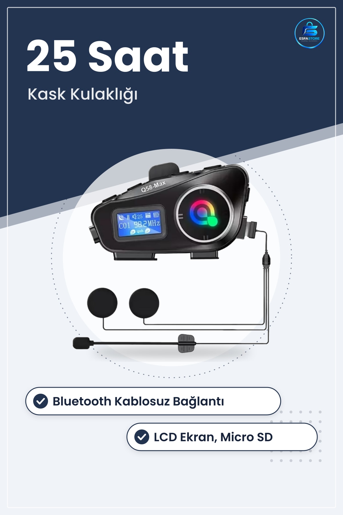 Motosiklet Kask Kulaklığı Kablosuz Bluetooth LCD Ekranlı SD Kart Fener Suya Dayanıklı Pratik