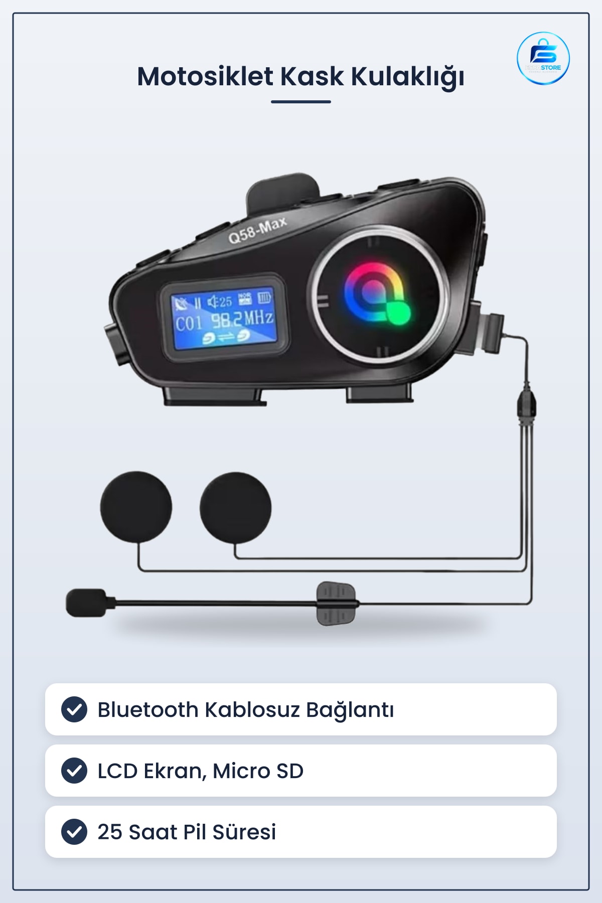 Motosiklet Kask Kulaklığı Kablosuz Bluetooth LCD Ekranlı SD Kart Fener Suya Dayanıklı Pratik