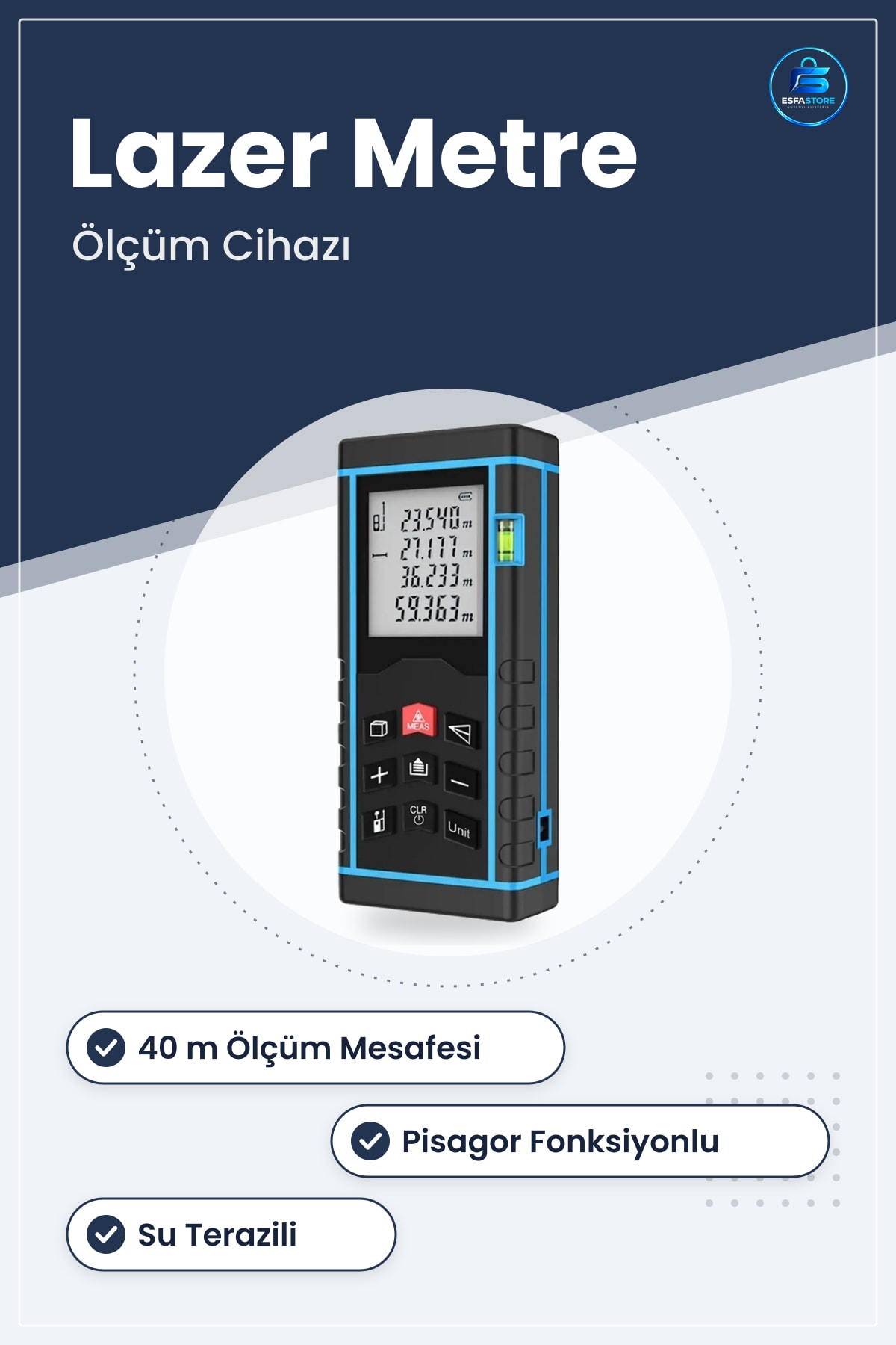 Dijital Lazer Metre Ölçüm Cihazı LCD Ekranlı Su Terazili Pisagor Fonksiyonlu Hafızalı Hassas Ölçer