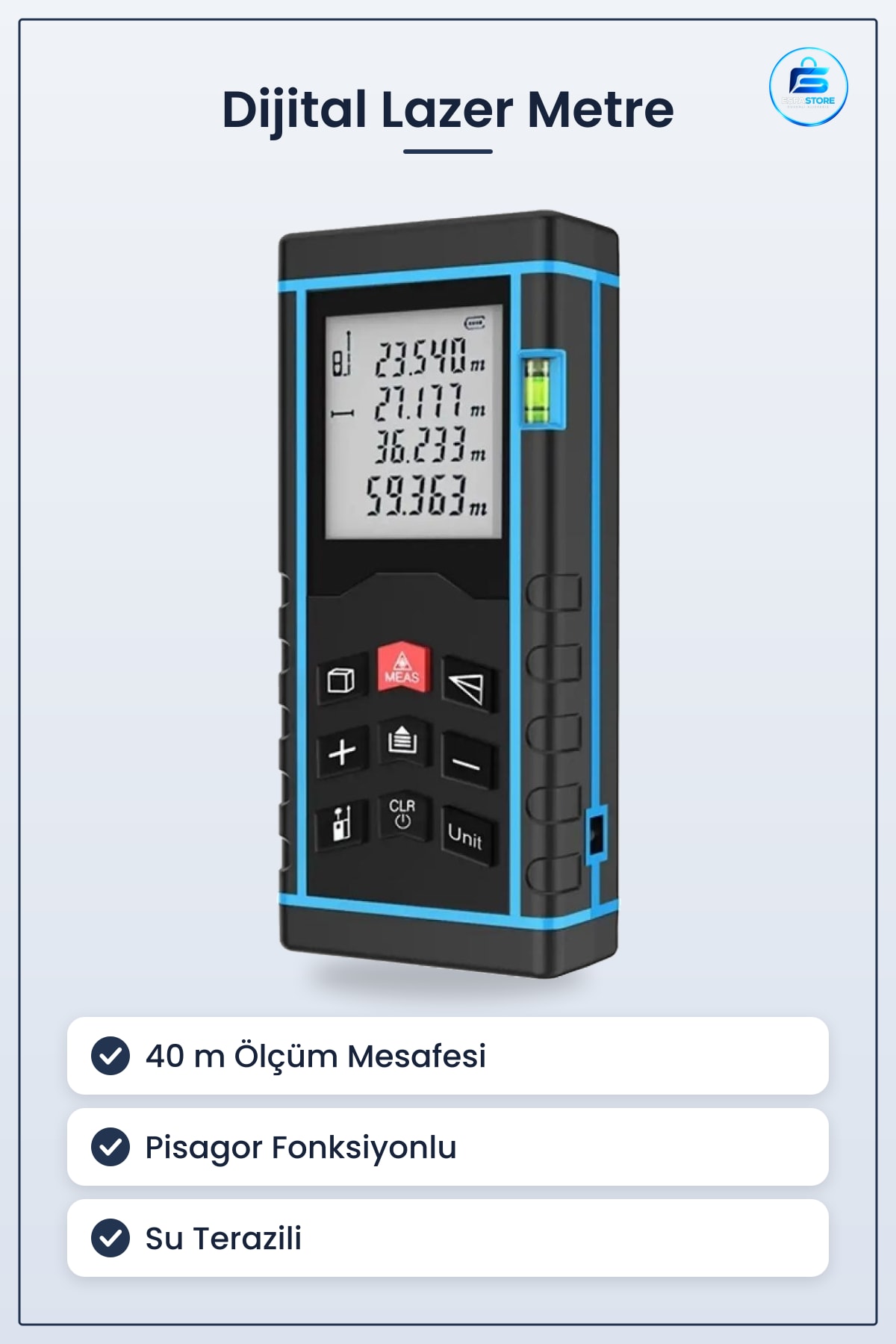 Dijital Lazer Metre Ölçüm Cihazı LCD Ekranlı Su Terazili Pisagor Fonksiyonlu Hafızalı Hassas Ölçer