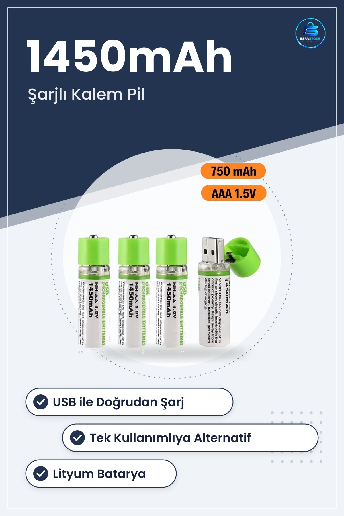 USB Şarjlı Kalem Pil 4lü Set Tekrar Şarj Edilebilir Lityum Batarya Uzun Ömürlü Dayanıklı