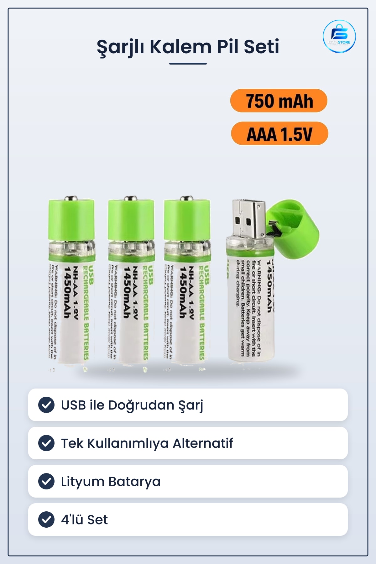 USB Şarjlı Kalem Pil 4lü Set Tekrar Şarj Edilebilir Lityum Batarya Uzun Ömürlü Dayanıklı