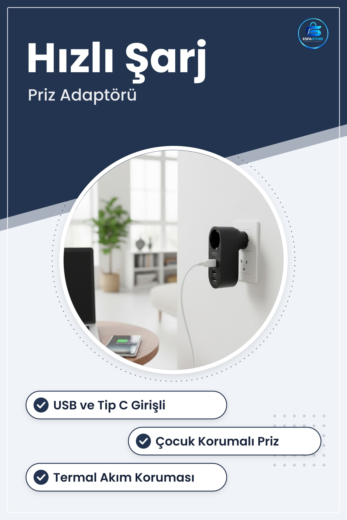 Tekli Priz Adaptörü USB ve Tip C Girişli Çocuk Korumalı Termal Akım Koruyuculu Hızlı Şarj Pratik