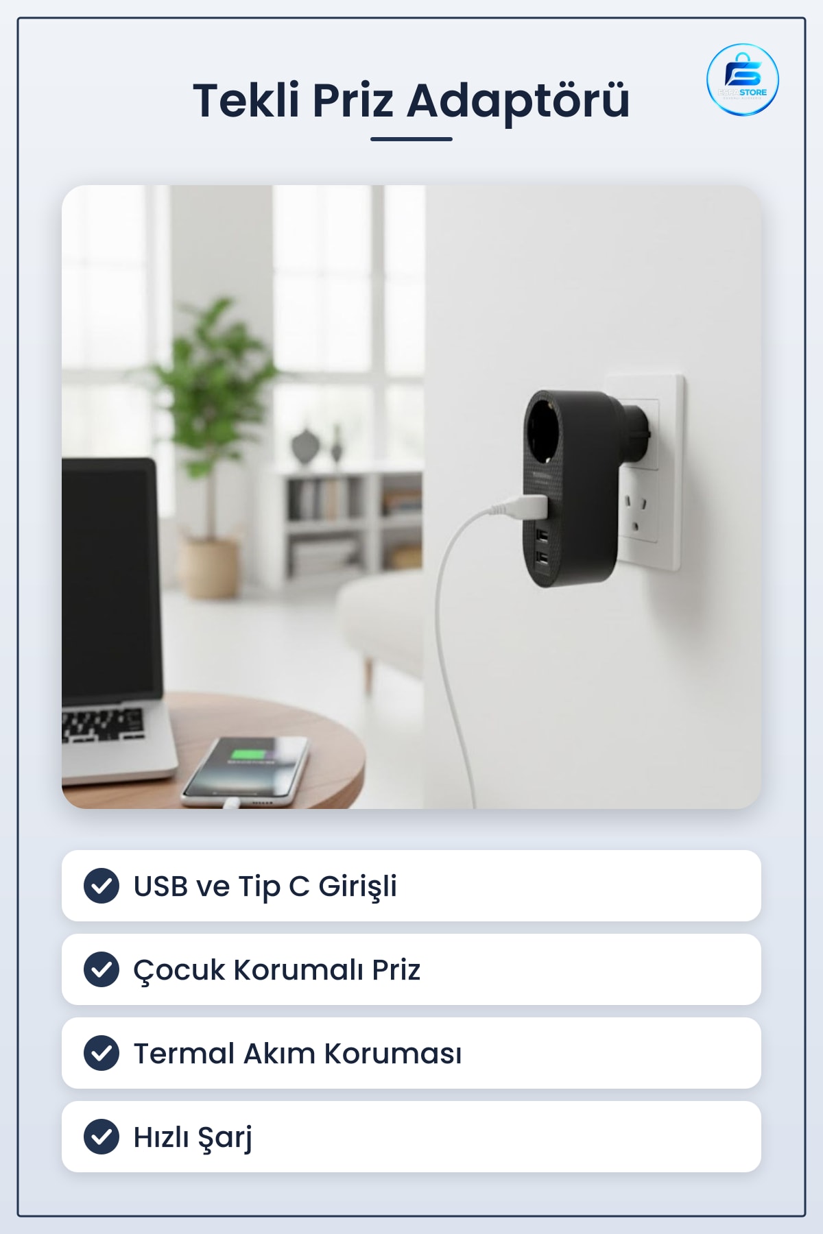 Tekli Priz Adaptörü USB ve Tip C Girişli Çocuk Korumalı Termal Akım Koruyuculu Hızlı Şarj Pratik