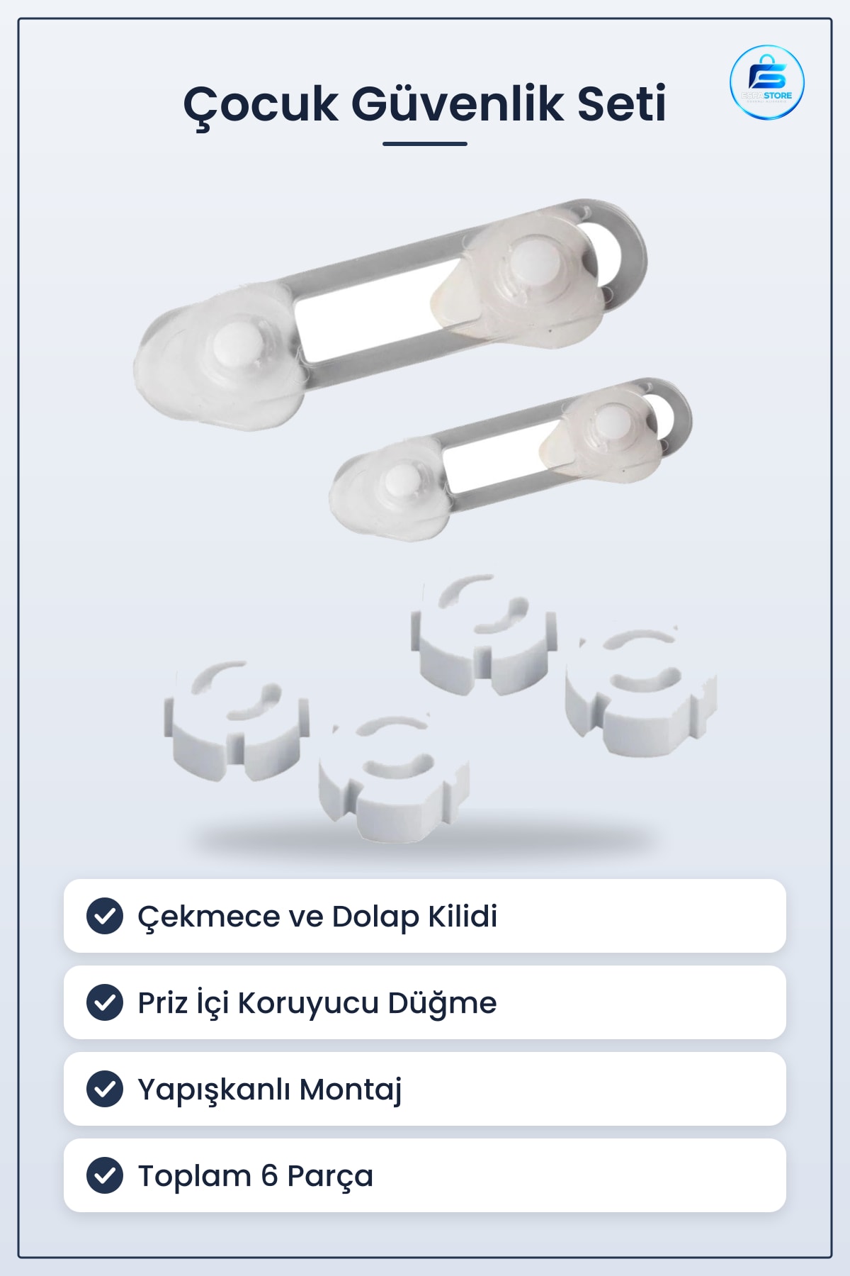 Çocuk Güvenlik Seti Çekmece ve Dolap Kilidi Priz İçi Koruyucu Düğme Yapışkanlı Dayanıklı Pratik