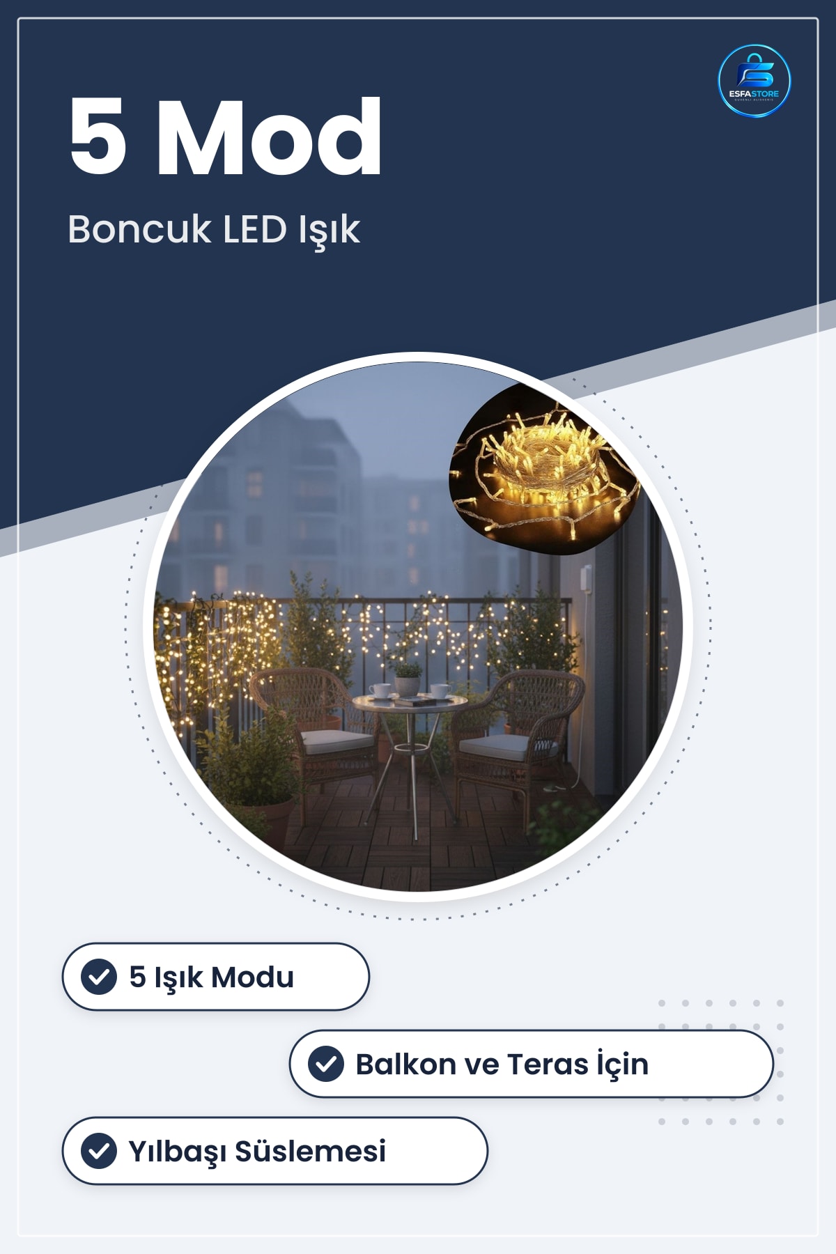 Boncuk Model Dekoratif Led Işık Dizisi Çok Modlu Eklenebilir Balkon Teras Yılbaşı Süslemesi