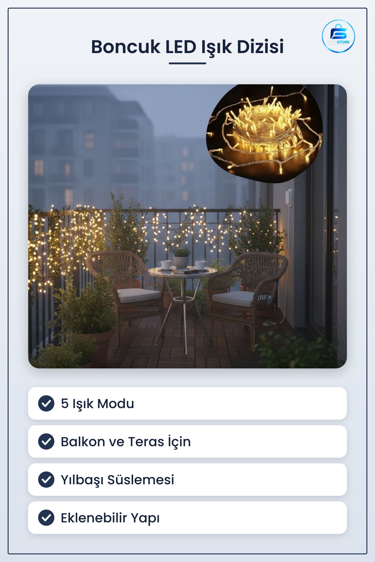 Boncuk Model Dekoratif Led Işık Dizisi Çok Modlu Eklenebilir Balkon Teras Yılbaşı Süslemesi