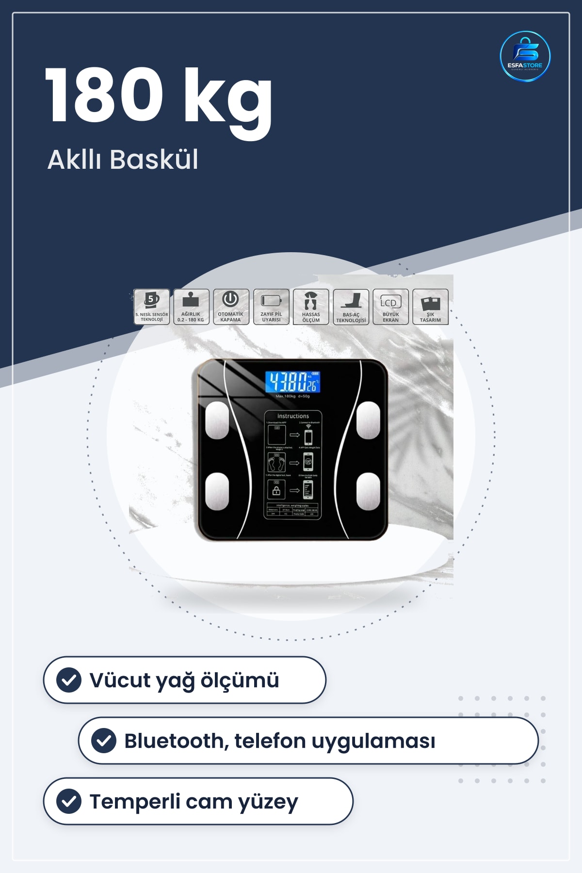 Vücut Yağ Ölçer Fonksiyonlu Akıllı Dijital Baskül Bluetooth Bağlantılı Tartı Hassas Sensörlü