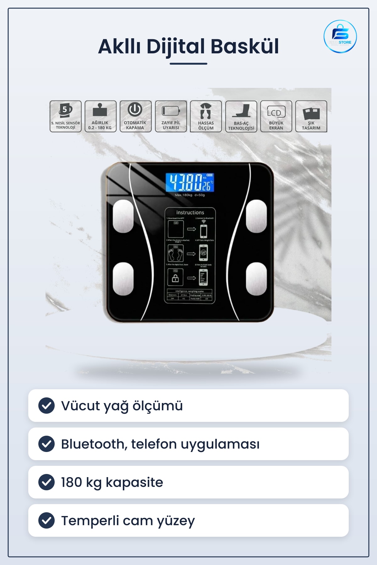 Vücut Yağ Ölçer Fonksiyonlu Akıllı Dijital Baskül Bluetooth Bağlantılı Tartı Hassas Sensörlü
