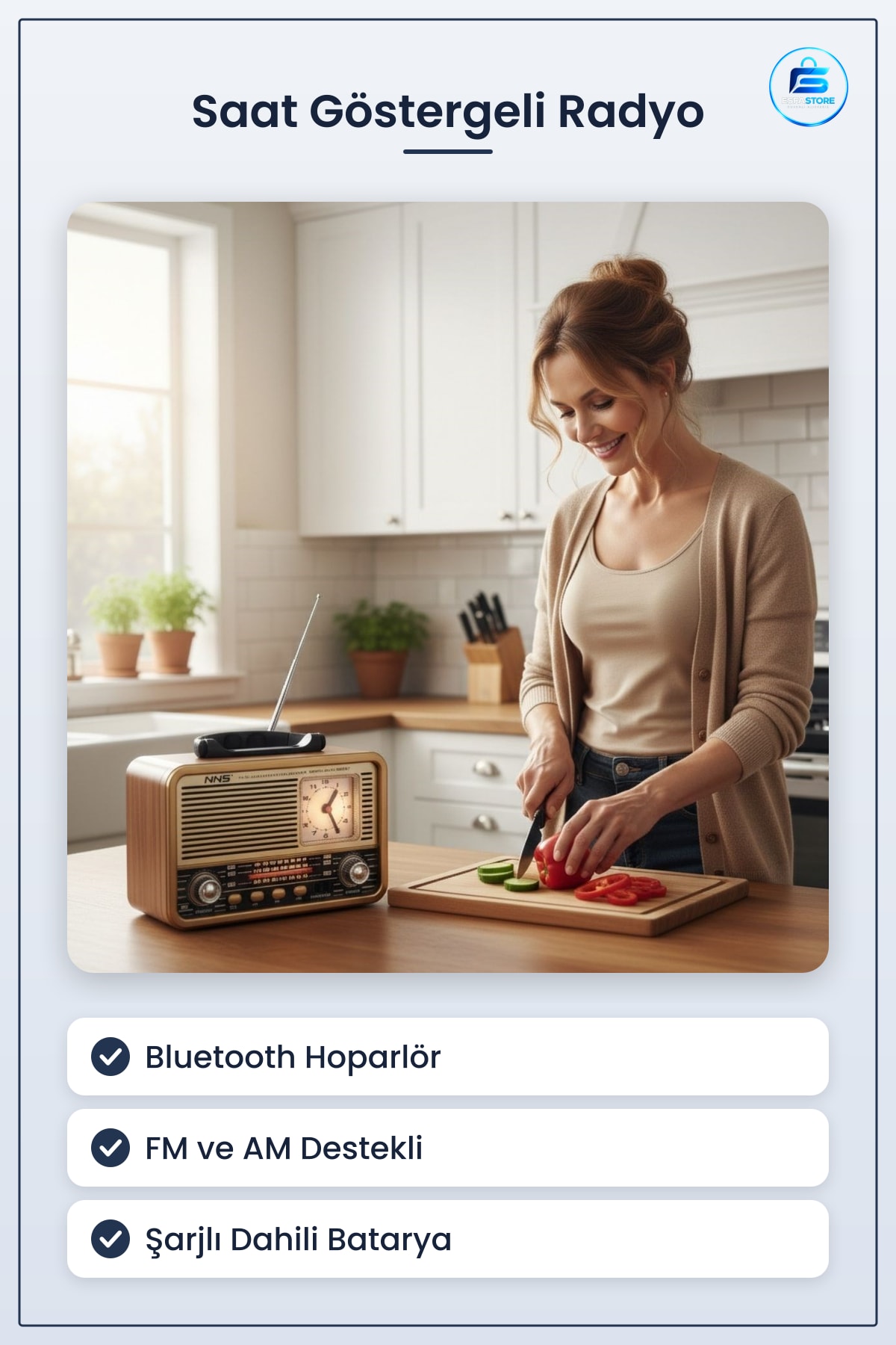 Retro Ahşap Tasarım Saat Göstergeli Bluetooth Hoparlörlü FM AM Radyo Şarjlı Taşınabilir Hediyelik
