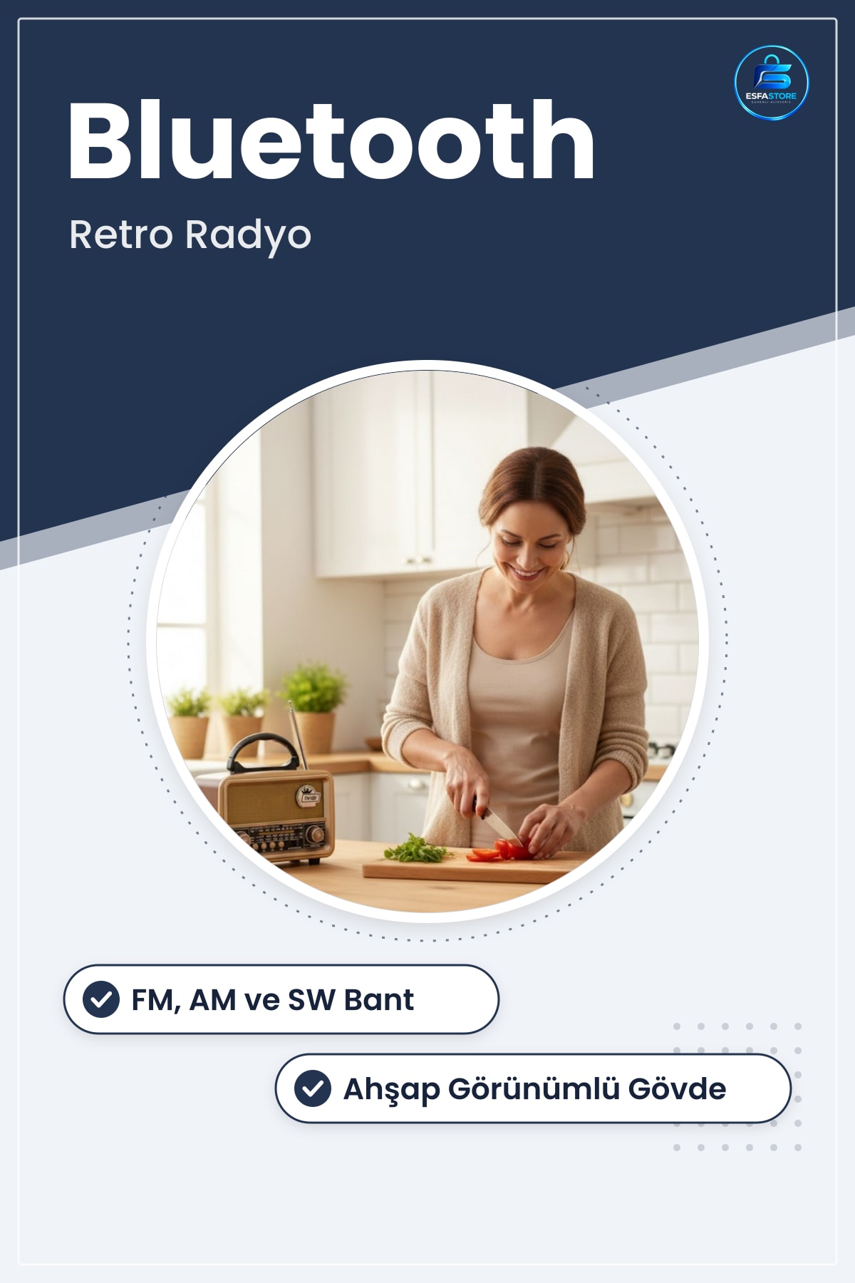 Orta Boy Retro Ahşap Görünümlü Bluetooth Hoparlörlü Taşınabilir Şarjlı FM AM Radyo Hediyelik