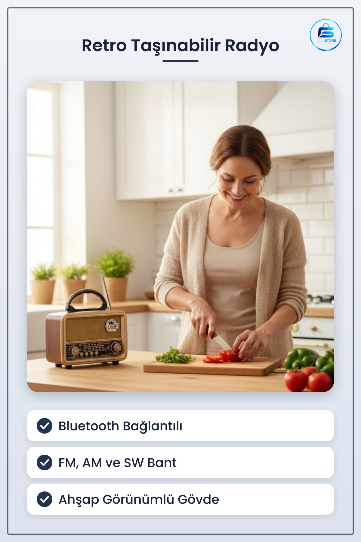 Orta Boy Retro Ahşap Görünümlü Bluetooth Hoparlörlü Taşınabilir Şarjlı FM AM Radyo Hediyelik