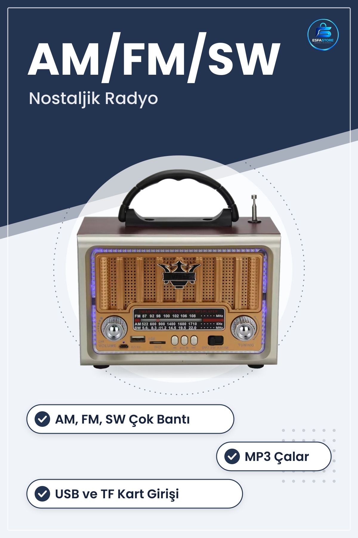 Retro Nostaljik Taşınabilir Klasik Radyo AM FM SW Çok Bantlı MP3 Çalarlı Kulplu Hoparlörlü