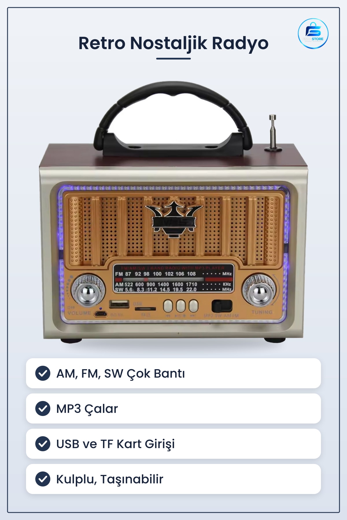 Retro Nostaljik Taşınabilir Klasik Radyo AM FM SW Çok Bantlı MP3 Çalarlı Kulplu Hoparlörlü