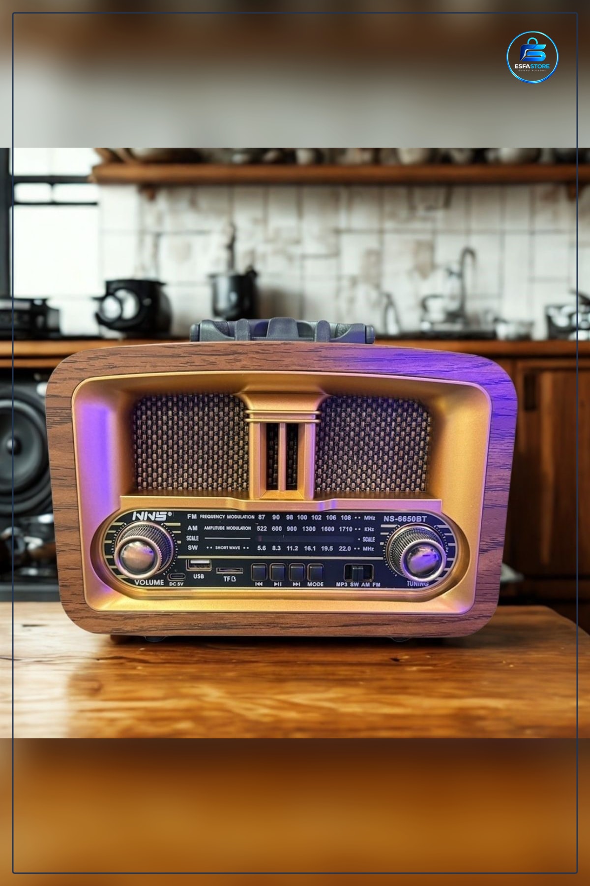 Retro Ev Radyosu Ahşap Görünümlü Bluetooth USB TF Kart Destekli Şarjlı AM FM SW Taşınabilir Radyo