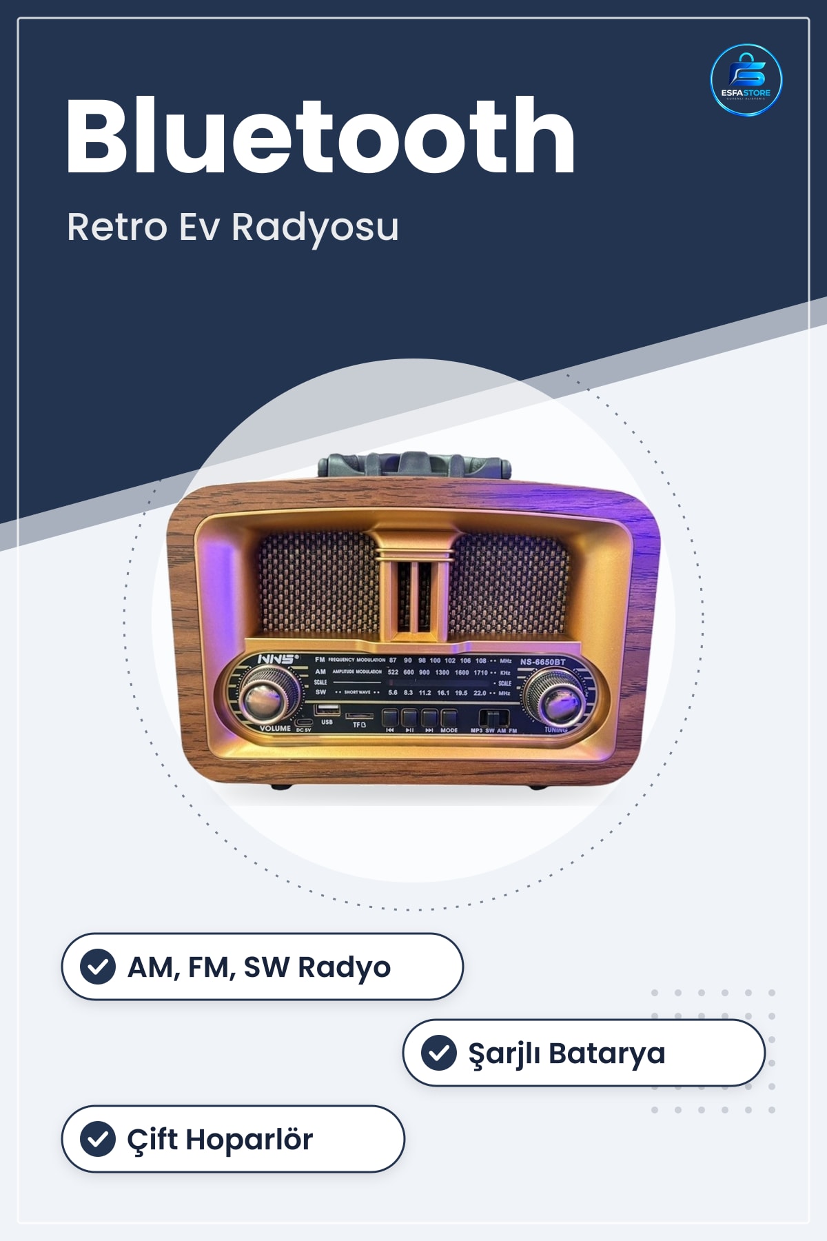Retro Ev Radyosu Ahşap Görünümlü Bluetooth USB TF Kart Destekli Şarjlı AM FM SW Taşınabilir Radyo
