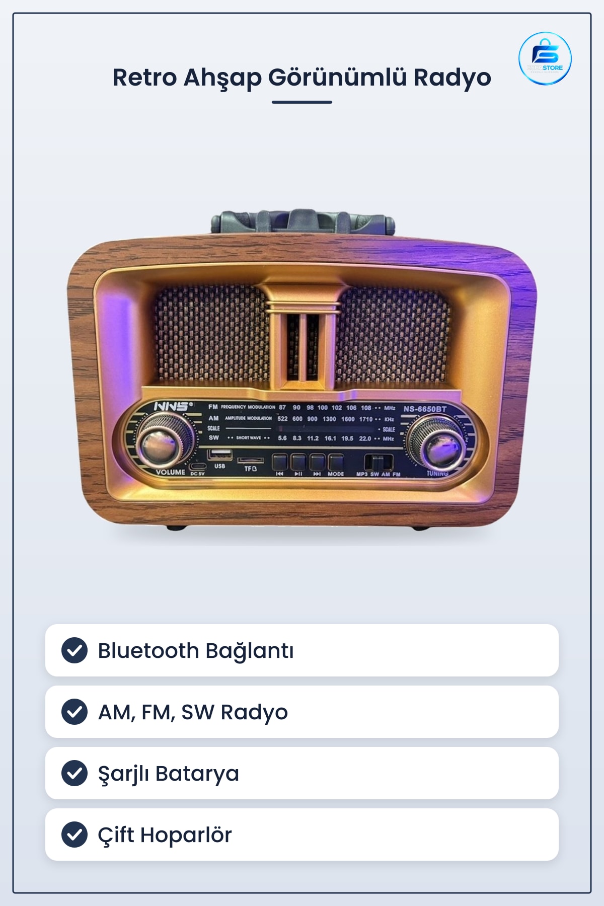Retro Ev Radyosu Ahşap Görünümlü Bluetooth USB TF Kart Destekli Şarjlı AM FM SW Taşınabilir Radyo