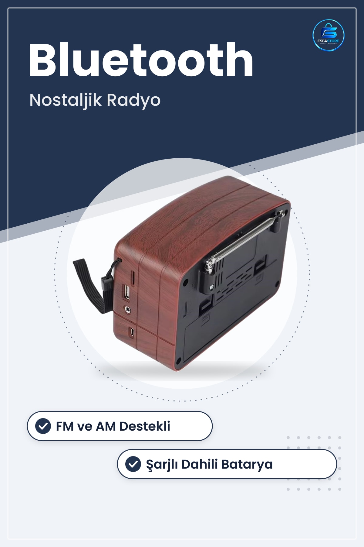 Retro Ahşap Tasarım Bluetooth Hoparlörlü Şarjlı Taşınabilir FM AM Destekli Nostaljik Radyo
