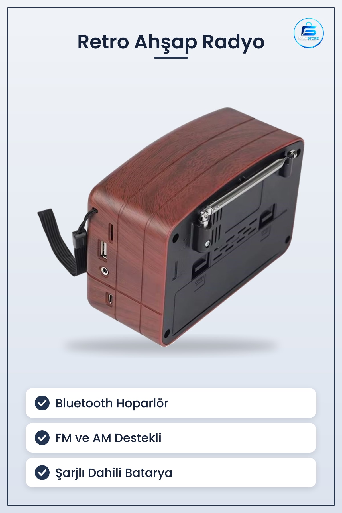 Retro Ahşap Tasarım Bluetooth Hoparlörlü Şarjlı Taşınabilir FM AM Destekli Nostaljik Radyo
