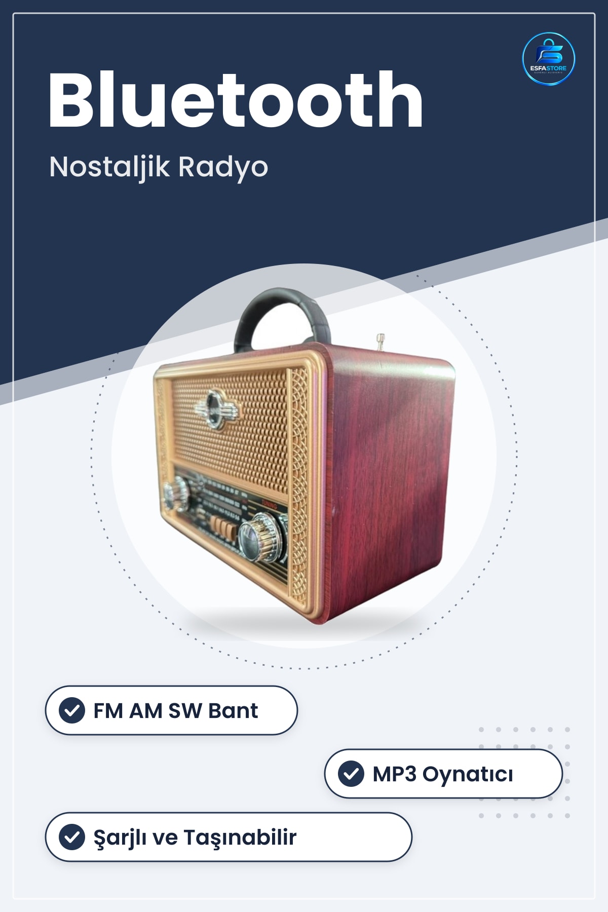 Retro Nostaljik Bluetooth Hoparlörlü Şarjlı Taşınabilir FM AM SW Destekli MP3 Oynatıcılı Radyo