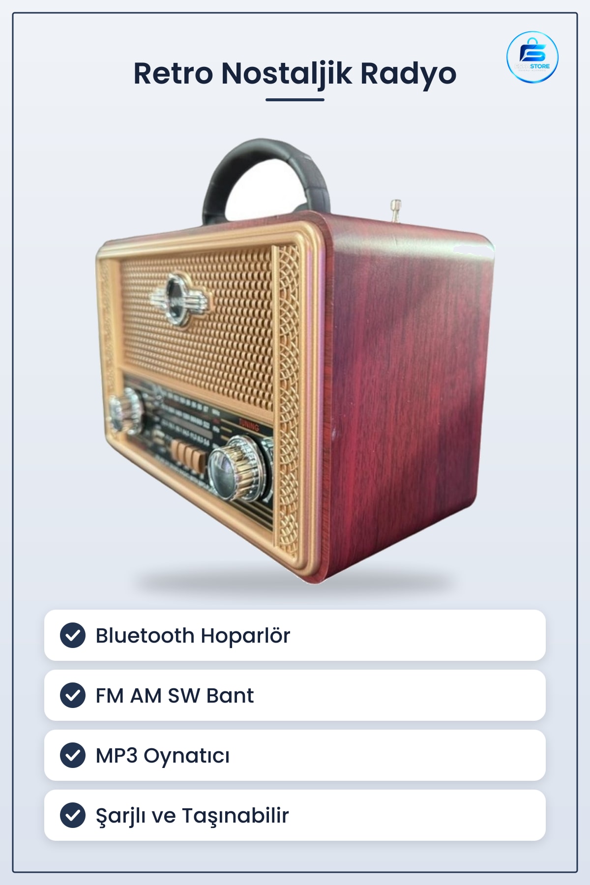 Retro Nostaljik Bluetooth Hoparlörlü Şarjlı Taşınabilir FM AM SW Destekli MP3 Oynatıcılı Radyo