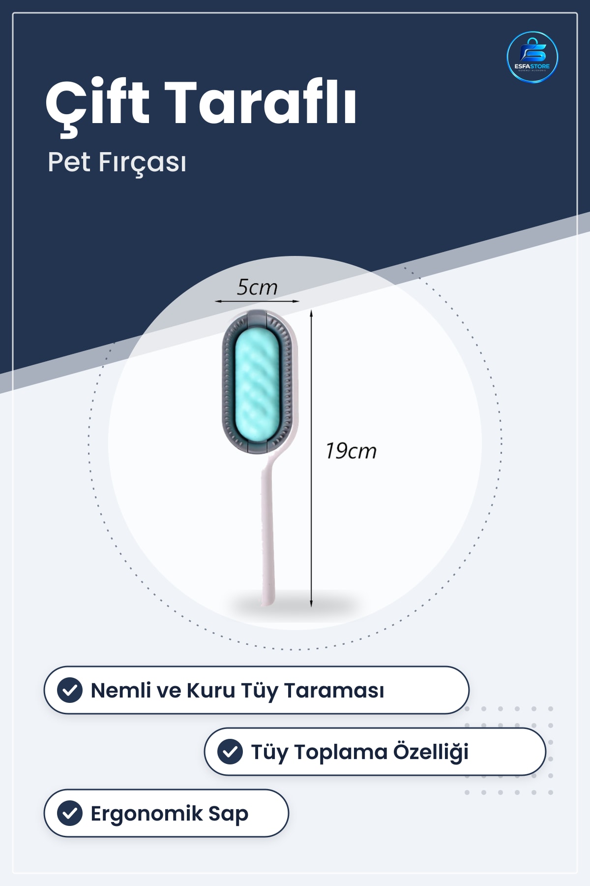 Evcil Hayvan Çift Taraflı Pet Fırçası Nemli ve Kuru Tüy Tarama Tarağı Ergonomik Kaymaç Sap Pratik