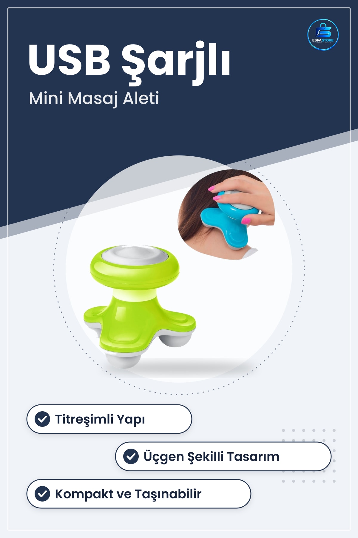 Mini Masaj Aleti USB Şarjlı Üçgen Şekilli Titreşimli Kompakt Çok Fonksiyonlu Taşınabilir Dayanıklı