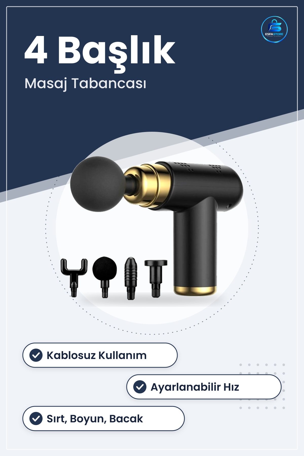 Masaj Tabancası USB Şarjlı Kas Rahatlatıcı Dört Başlıklı Taşınabilir Boyun Sırt Bacak Aleti