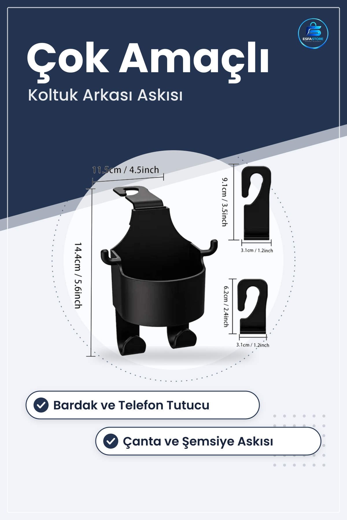 Araç Koltuk Arkası Askılıklı Plastik Bardak Tutucu Çanta ve Telefon Askısı Pratik Dayanıklı