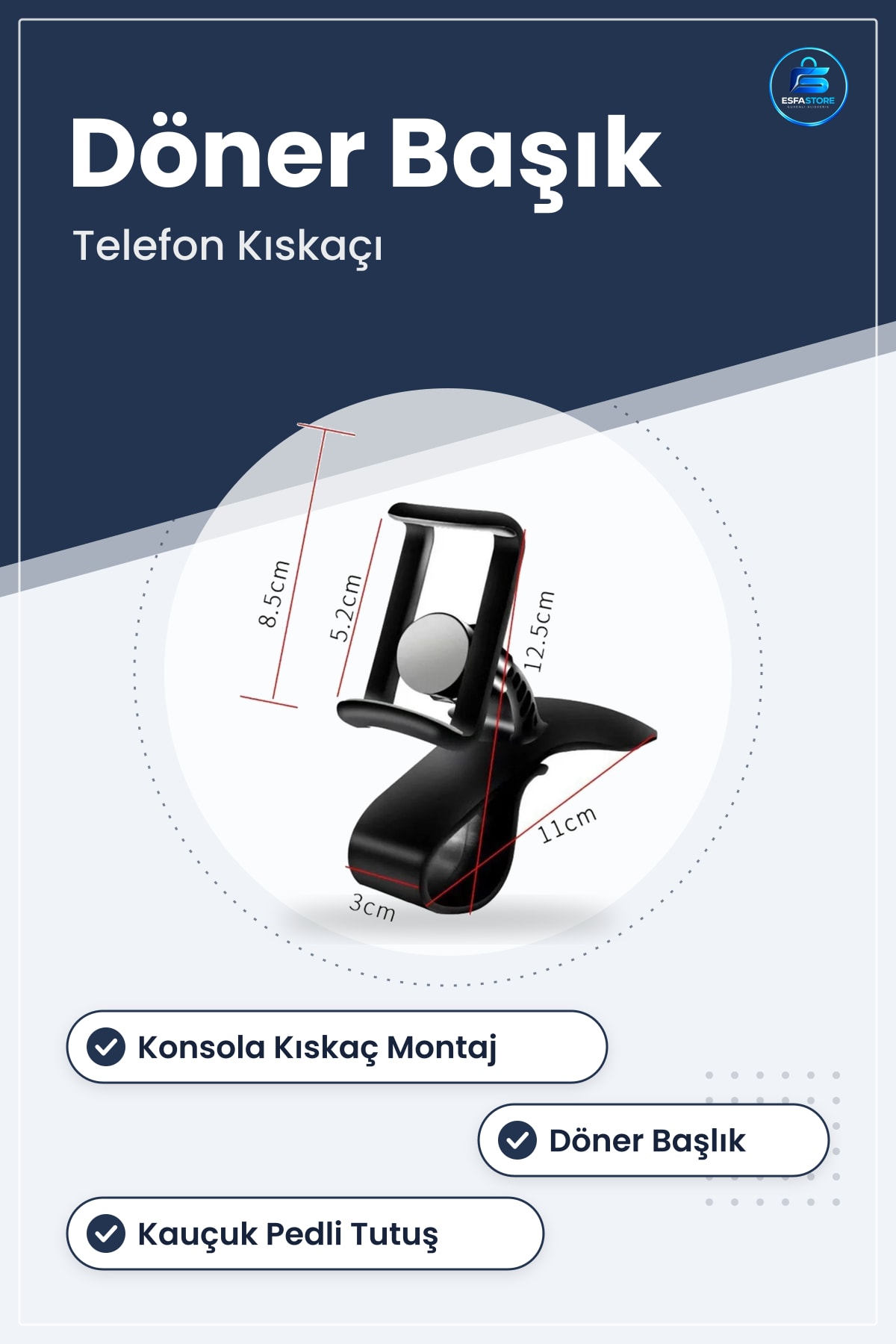 Araç İçi Telefon Tutucu Kıskaç Konsola Takÿlabilir Döner Başlıklı Kaymaç Pedli Evrensel Uyumlu
