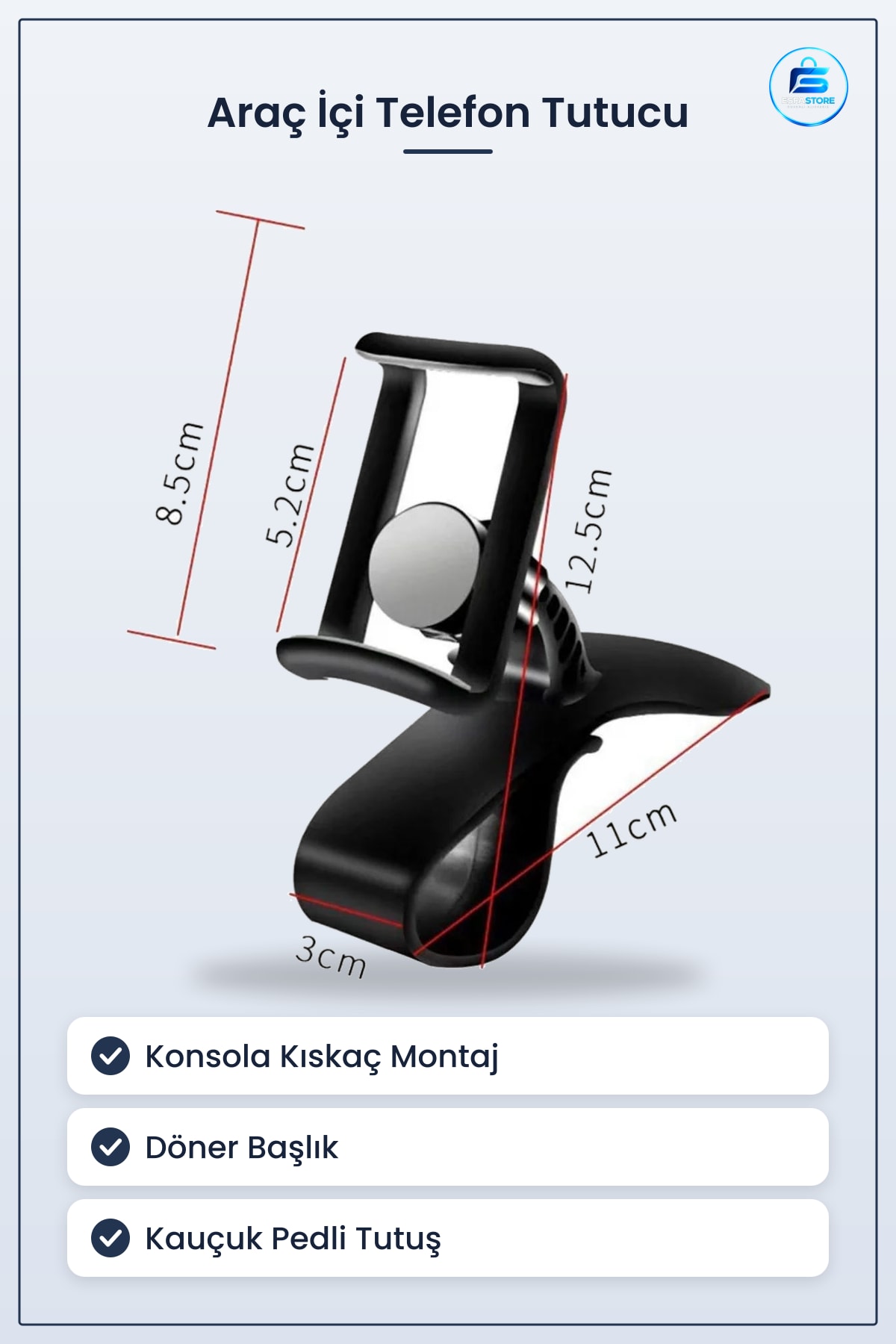 Araç İçi Telefon Tutucu Kıskaç Konsola Takÿlabilir Döner Başlıklı Kaymaç Pedli Evrensel Uyumlu