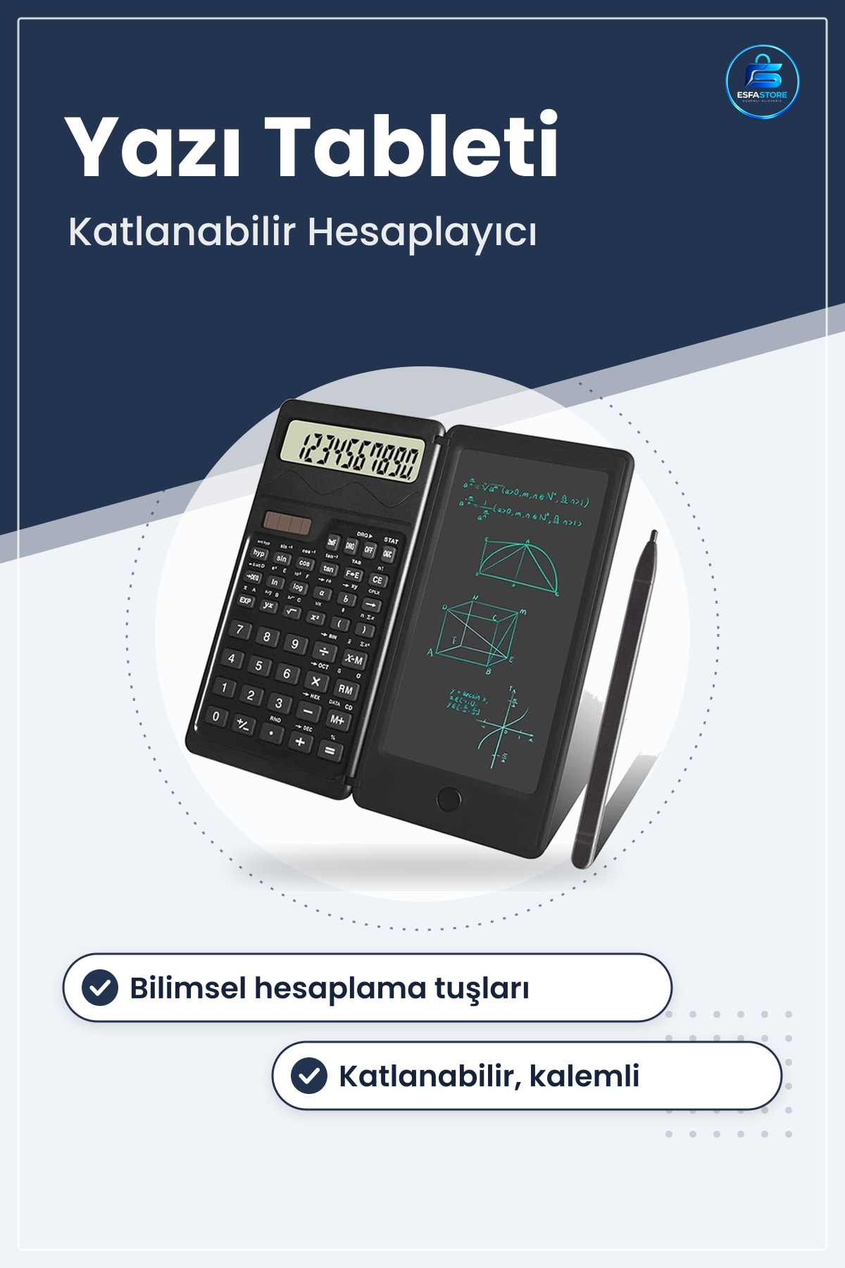 Katlanabilir Bilimsel Hesap Makinesi Silinebilir LCD Yazı Tableti Kalemli Not Alma Cihazı Pratik