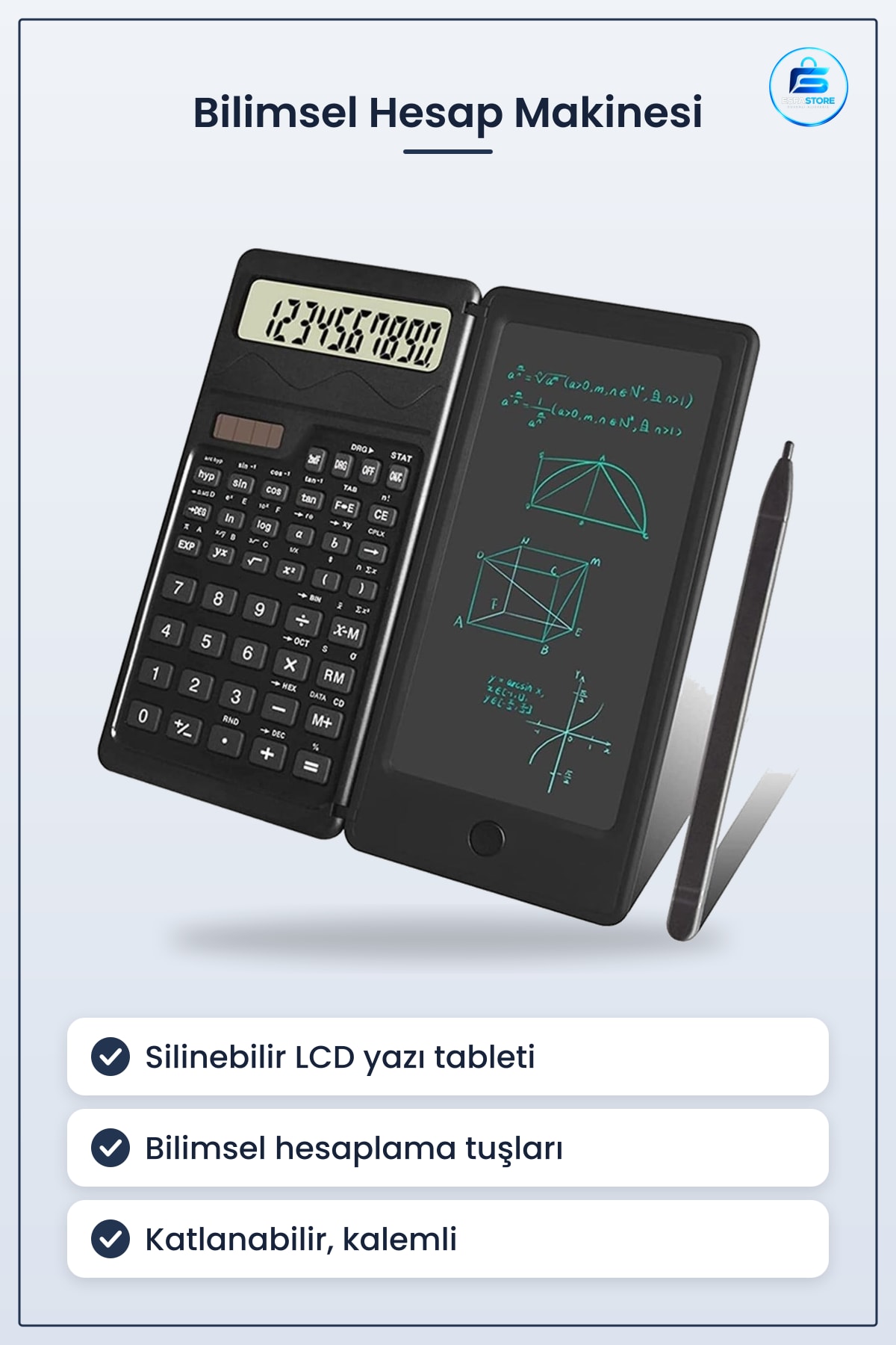 Katlanabilir Bilimsel Hesap Makinesi Silinebilir LCD Yazı Tableti Kalemli Not Alma Cihazı Pratik