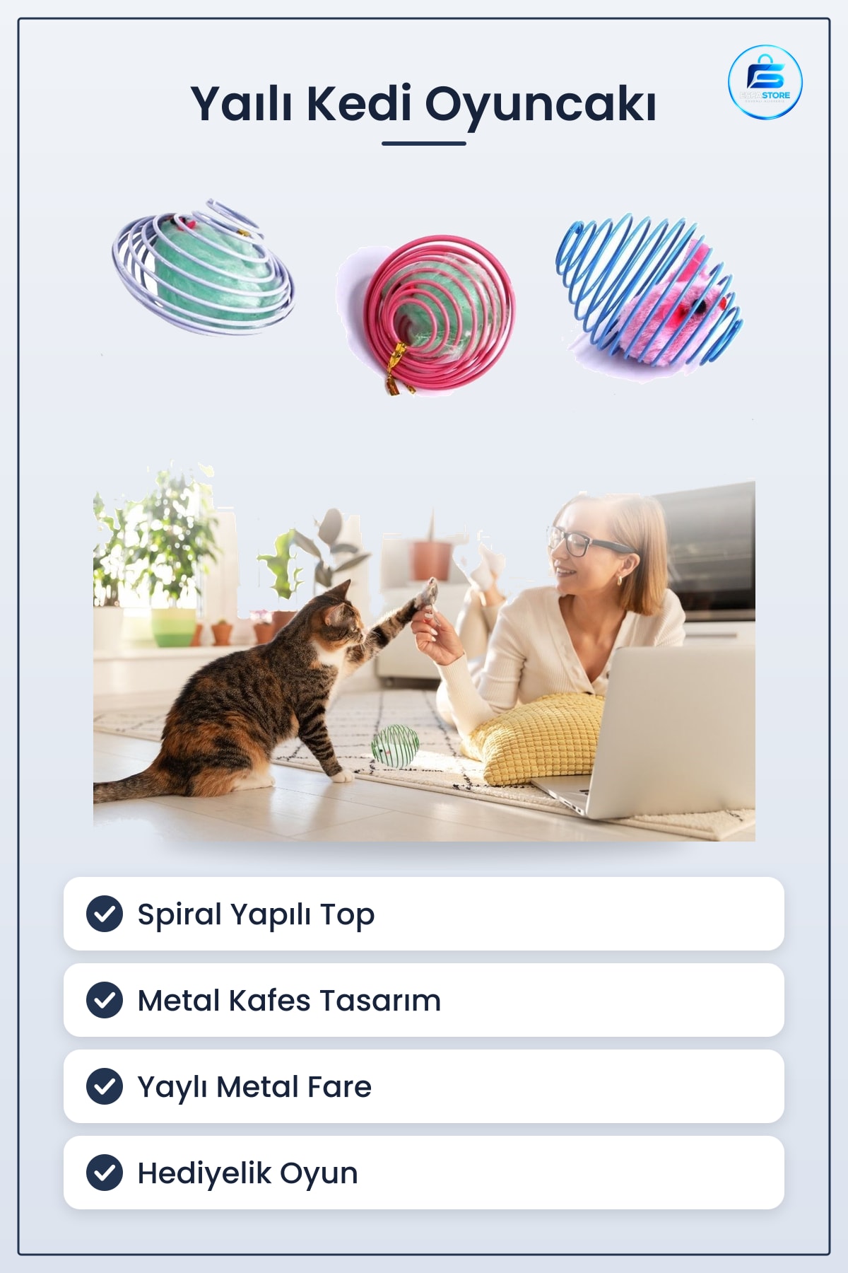 Kedi Oyuncağı Yaylı Metal Fareli Kafes Sıçrayan Spiral Top Dayanıklı Pratik Eğlenceli Hediyelik