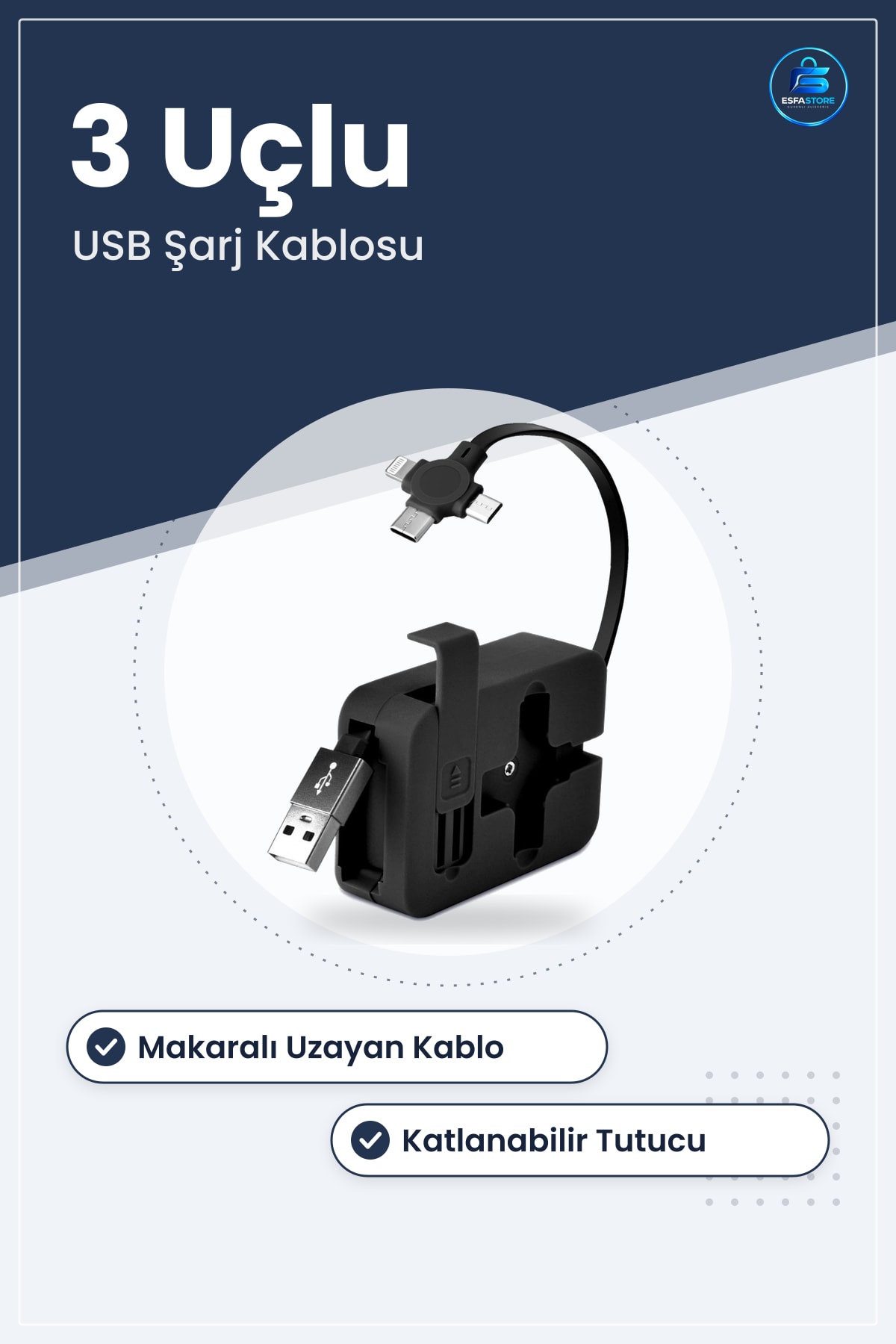 Cep Tipi Telefon Tutuculu Makaralı Uzayıp Kısalabilen Üçü Bir Arada USB Şarj Kablosu Pratik