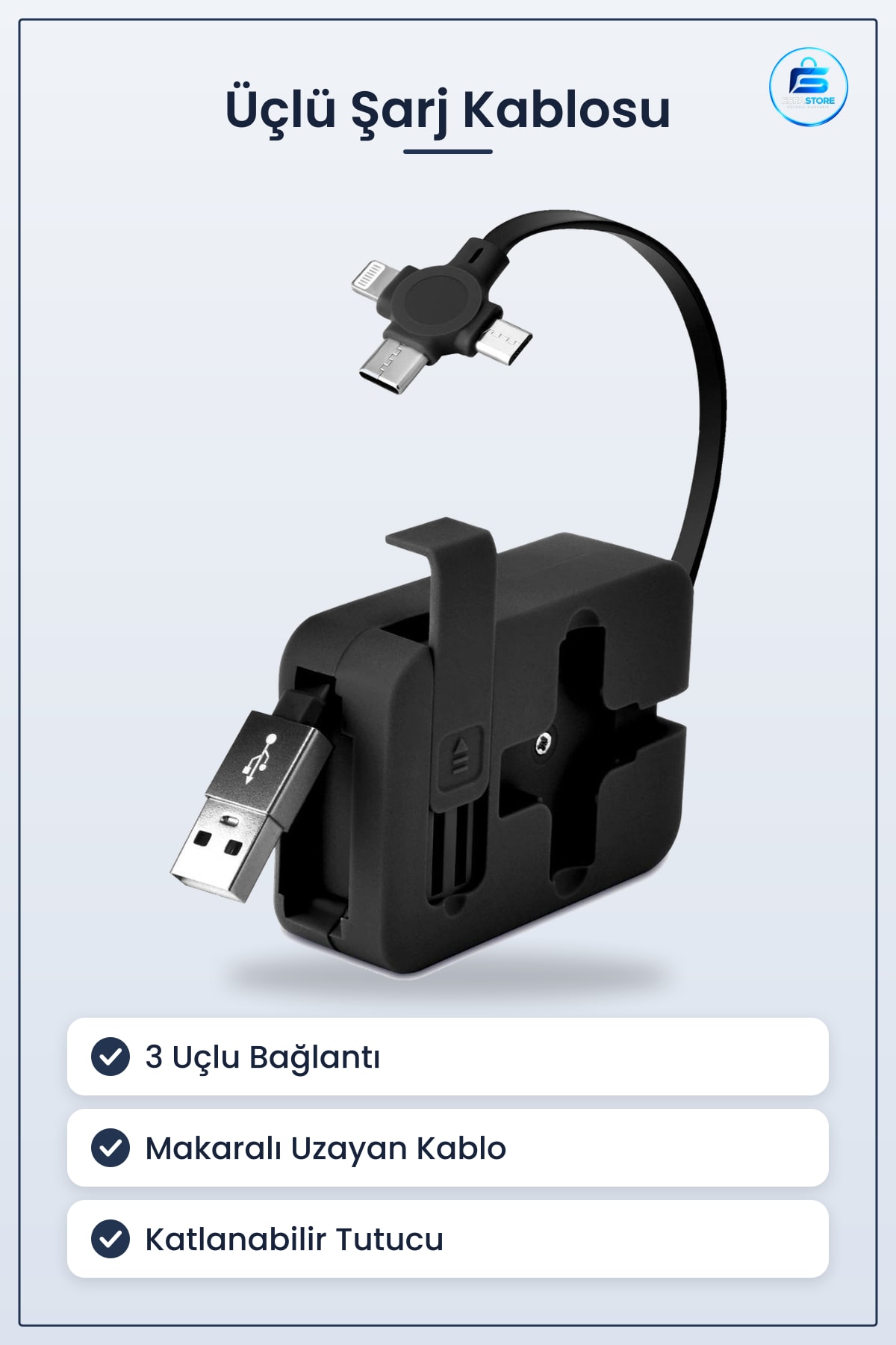 Cep Tipi Telefon Tutuculu Makaralı Uzayıp Kısalabilen Üçü Bir Arada USB Şarj Kablosu Pratik