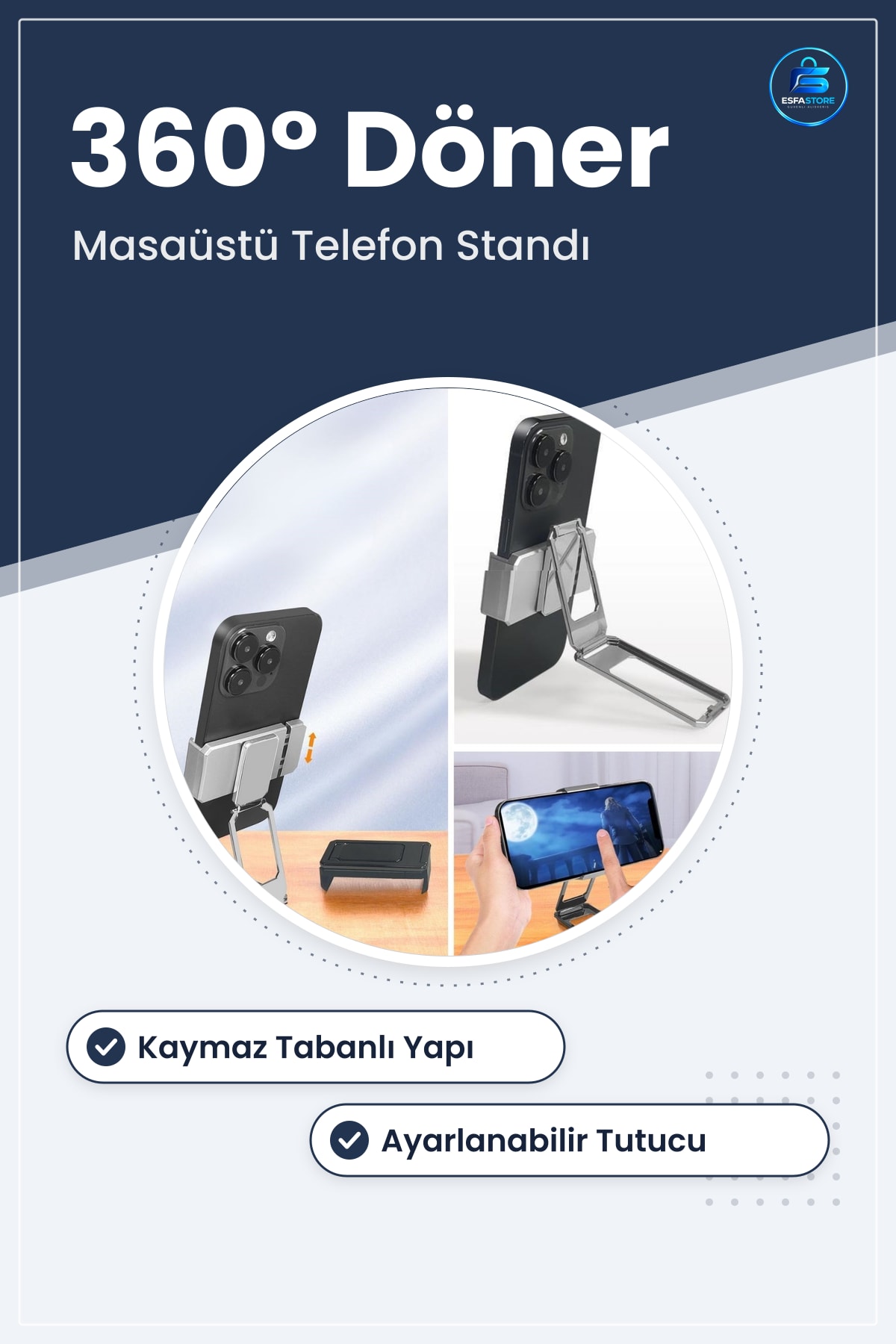 Metal Telefon Standı Döner Tutucu Akıllı Telefonlara Uyumlu Kaymaz Tabanlı Ayarlanabilir Masaüstü