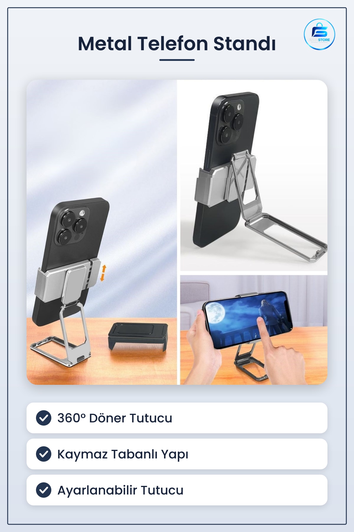 Metal Telefon Standı Döner Tutucu Akıllı Telefonlara Uyumlu Kaymaz Tabanlı Ayarlanabilir Masaüstü