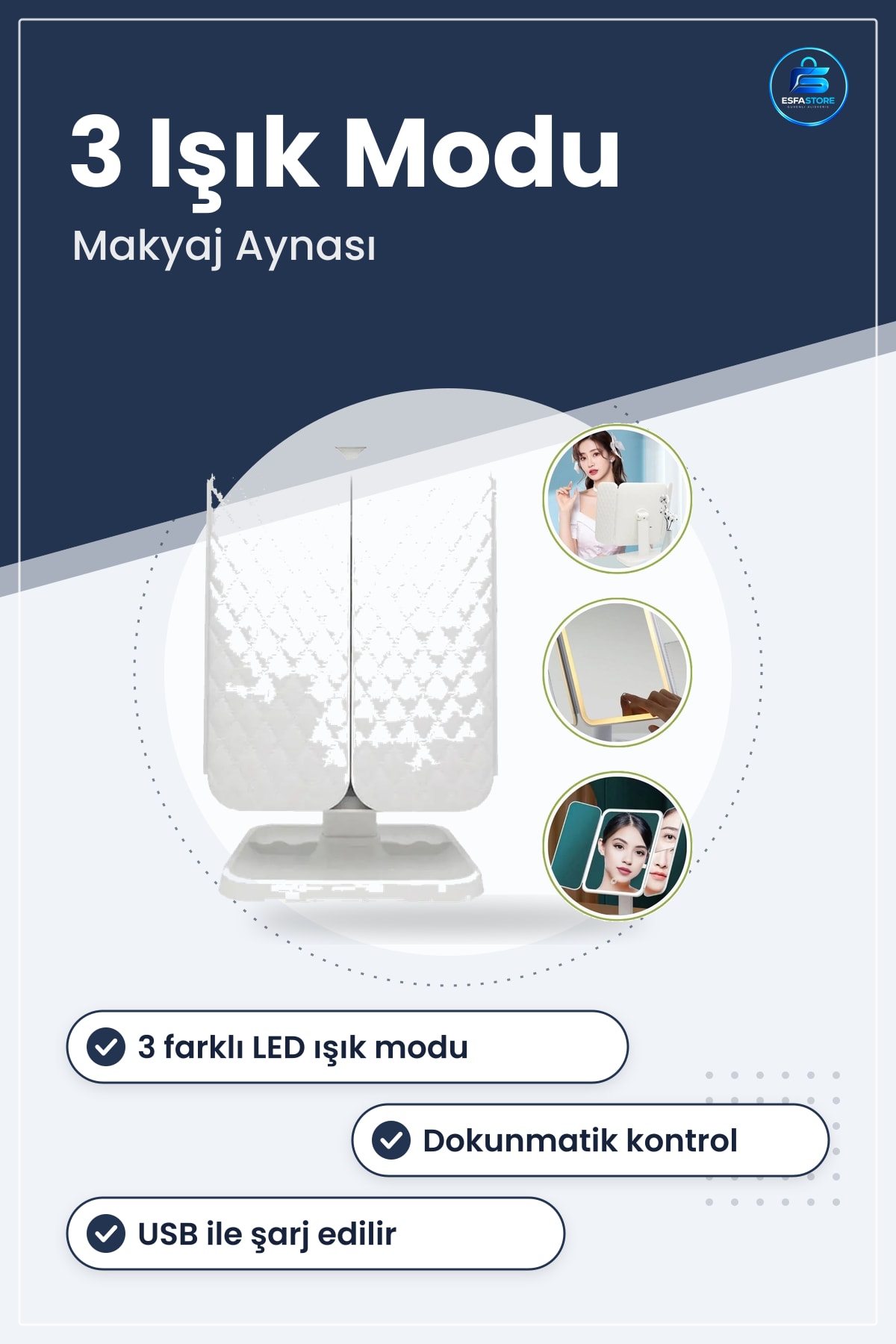 Makyaj Aynası LED Işıklı Dokunmatik USB Şarjlı Katlanabilir Kapaklı Kompakt Taşınabilir Seyahat