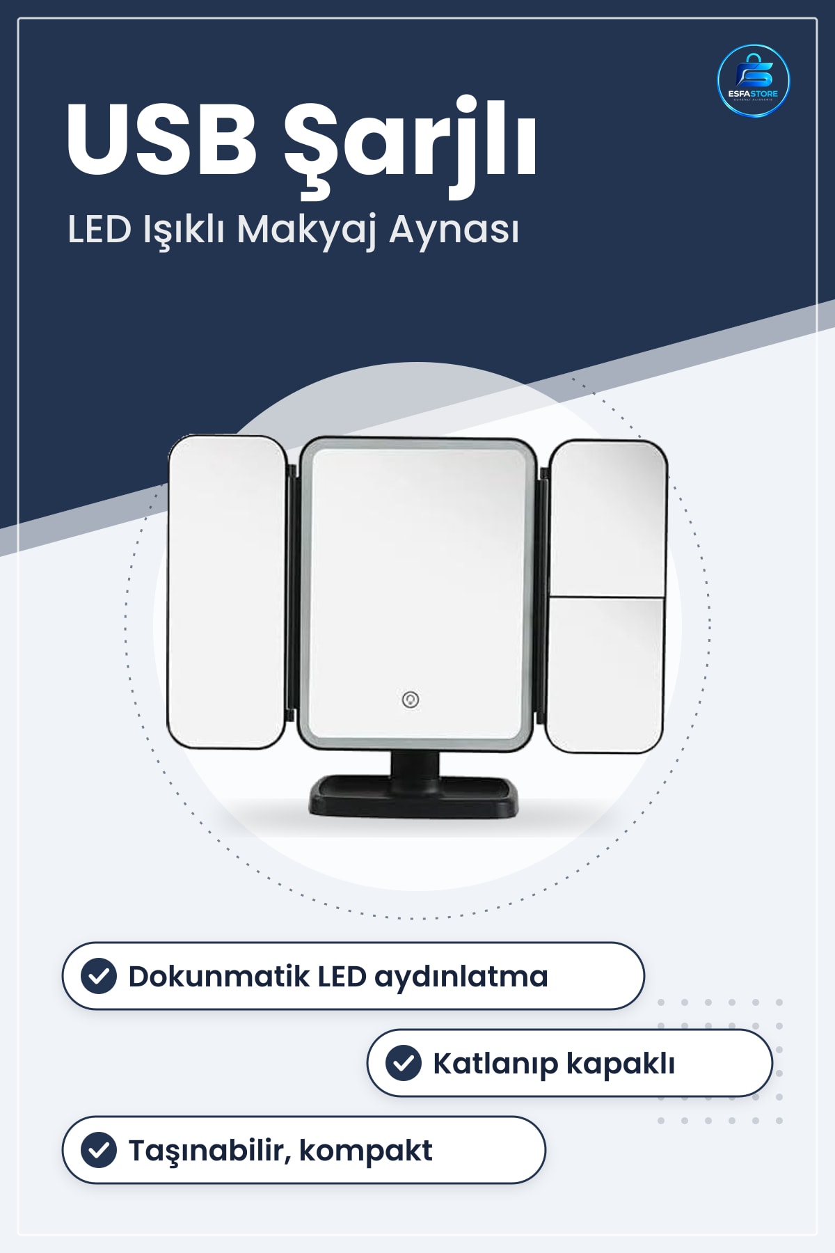 Makyaj Aynası Dokunmatik LED Işıklı USB Şarjlı Katlanabilir Kapaklı Taşınabilir Masaüstü Kompakt