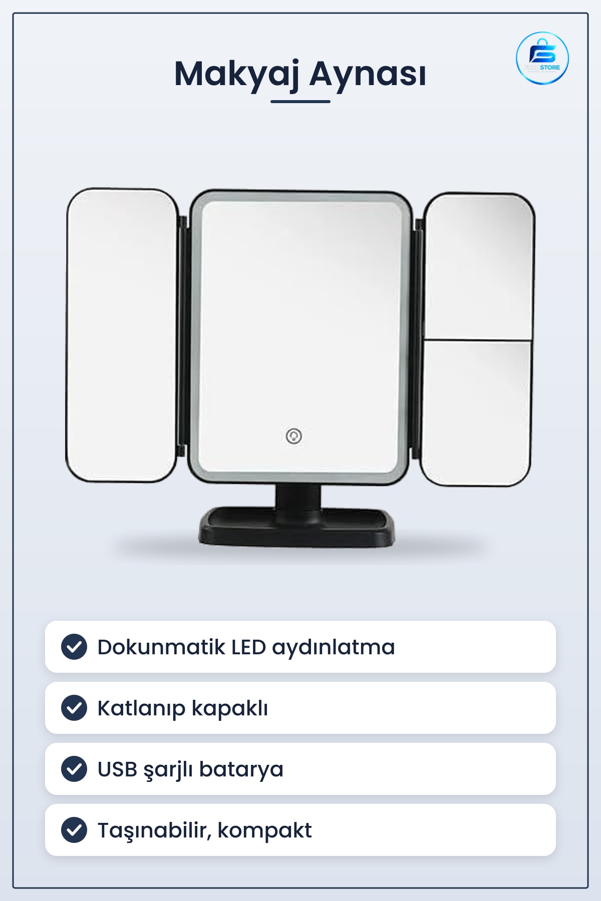 Makyaj Aynası Dokunmatik LED Işıklı USB Şarjlı Katlanabilir Kapaklı Taşınabilir Masaüstü Kompakt