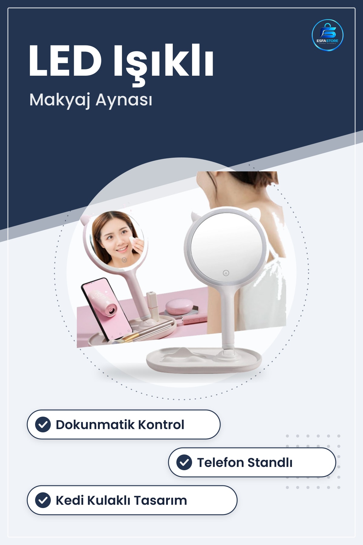 Kedi Kulaklı Masa Üstü Led Işıklı Makyaj Aynası Telefon Standlı Dokunmatik Yuvarlak Hediyelik