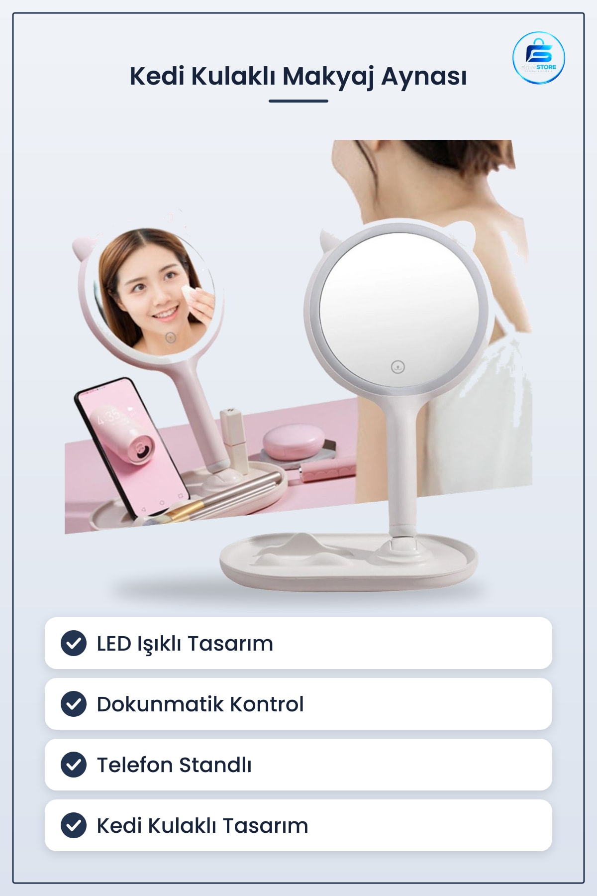 Kedi Kulaklı Masa Üstü Led Işıklı Makyaj Aynası Telefon Standlı Dokunmatik Yuvarlak Hediyelik